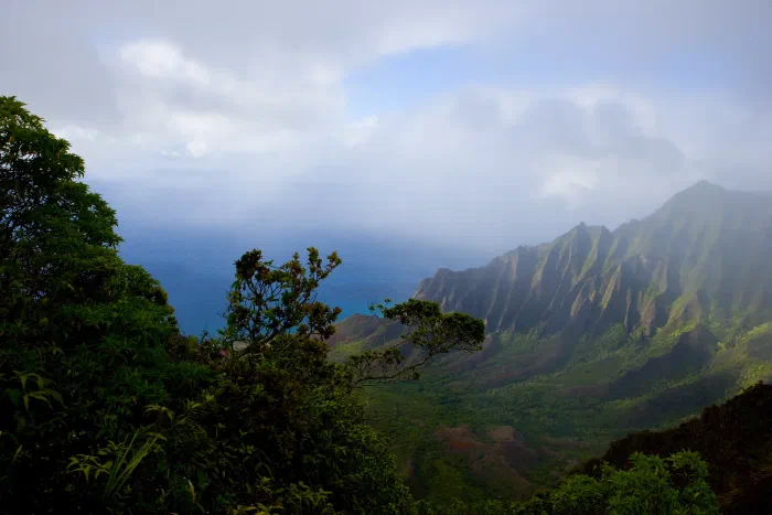 Fluted green ridges drop toward a blue ocean under drifting mist and low clouds.