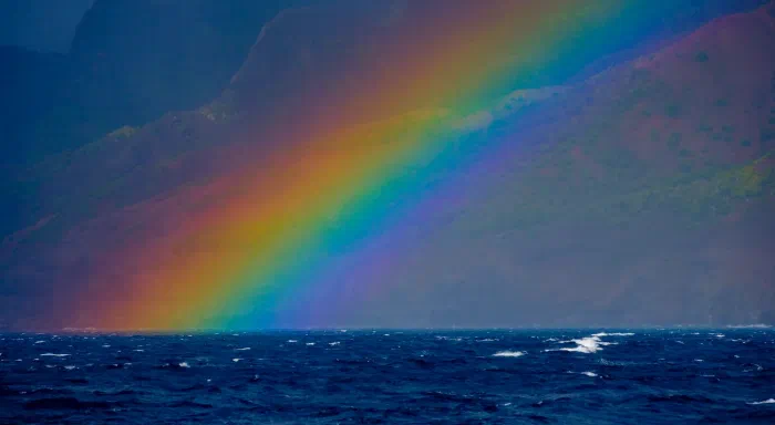 Broad band of rainbow color fills the frame between rugged cliffs and a whitecapped sea.